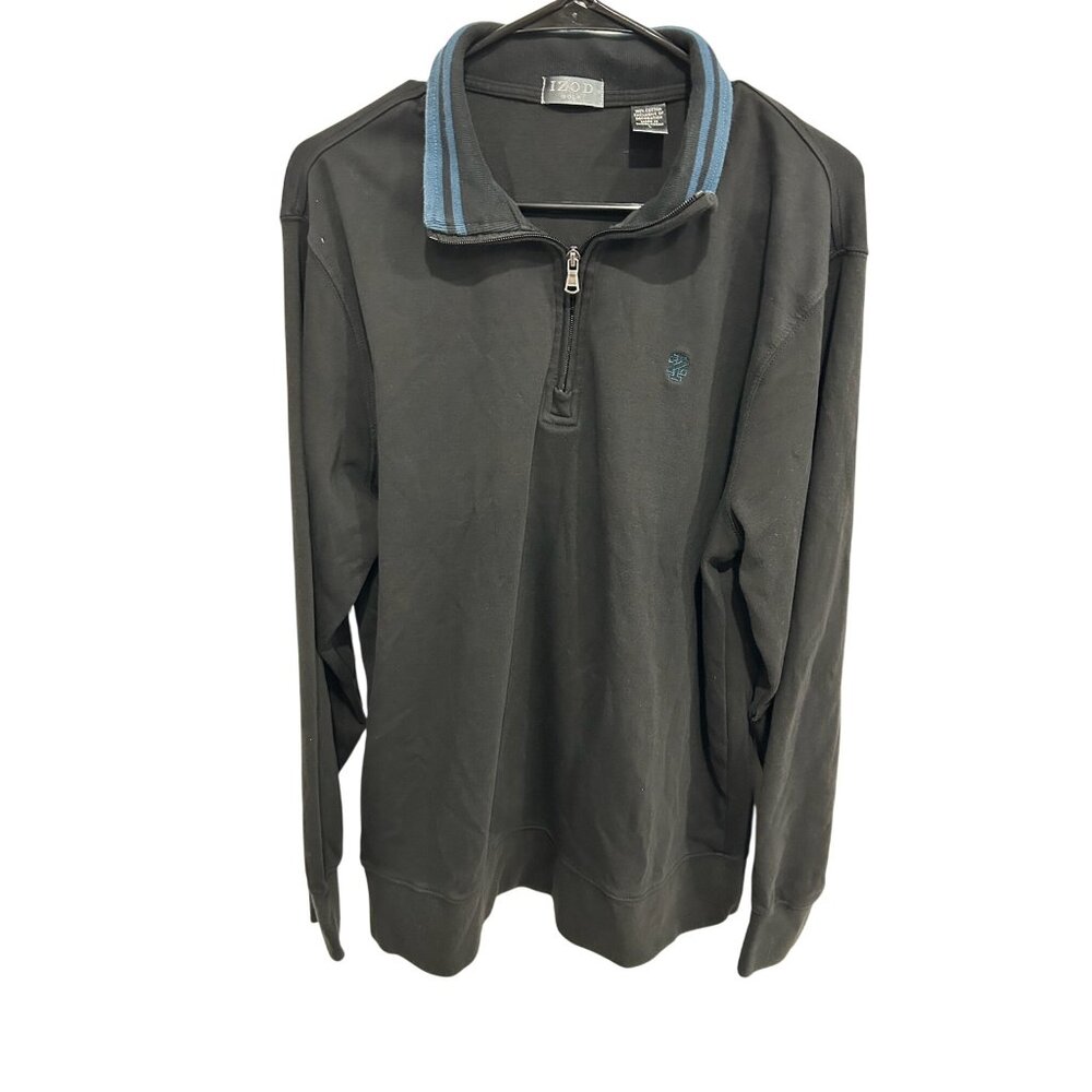 Izod Golf Mens Black Pullover Quarter-Zip Sweatshirt Size L Striped Collar